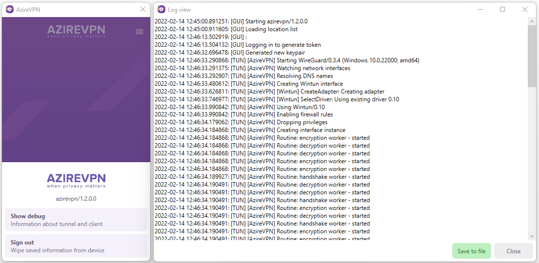 AzireVPN Debug Output Log View