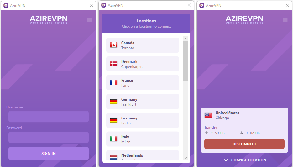 Login, country selection, and connected screens of AzireVPN Windows OS Client