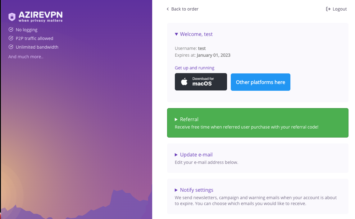 AzireVPN.com user profile showing, Referral / Update Email / Notification Settings / Downloads