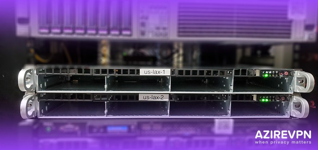 Photograph of two physical servers in a rack.