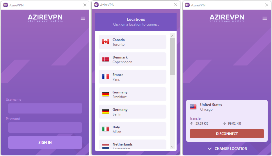 Three panels of AzireVPN: Login screen, Country Selection, Active Connection