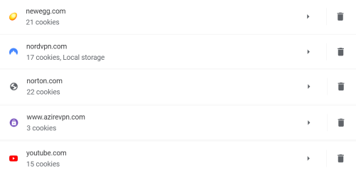 Cookie counts for: Newegg (21), NordVPN (17), Norton (22), AzireVPN (3), and YouTube (15)