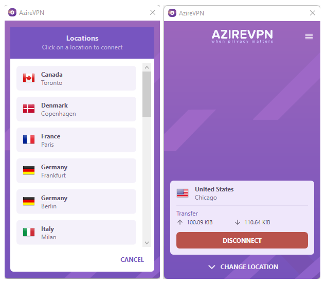 Left image is a screenshot of the country selection panel of AzireVPN with over 22 locations to choose from. Right is the panel when AzireVPN is connected, showing transfer amounts and a button to disconnect.