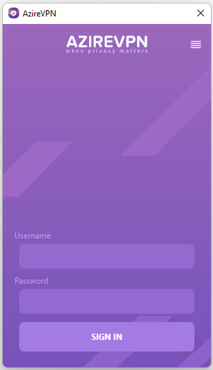 AzireVPN Windows Client Login Panel with Username/Password fields and "sign in" button