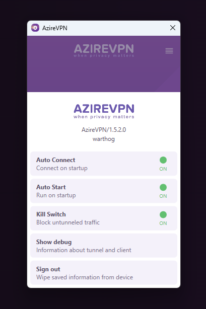 AzireVPN Windows APP 1.5.2 is now out